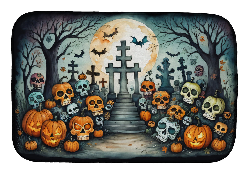Calaveras Sugar Skulls Spooky Halloween Dish Drying Mat Absorbent Dish Drying Mat Pad for Kitchen Counter Dish Drainer Mat for Countertop, 14 x 21", Multicolor