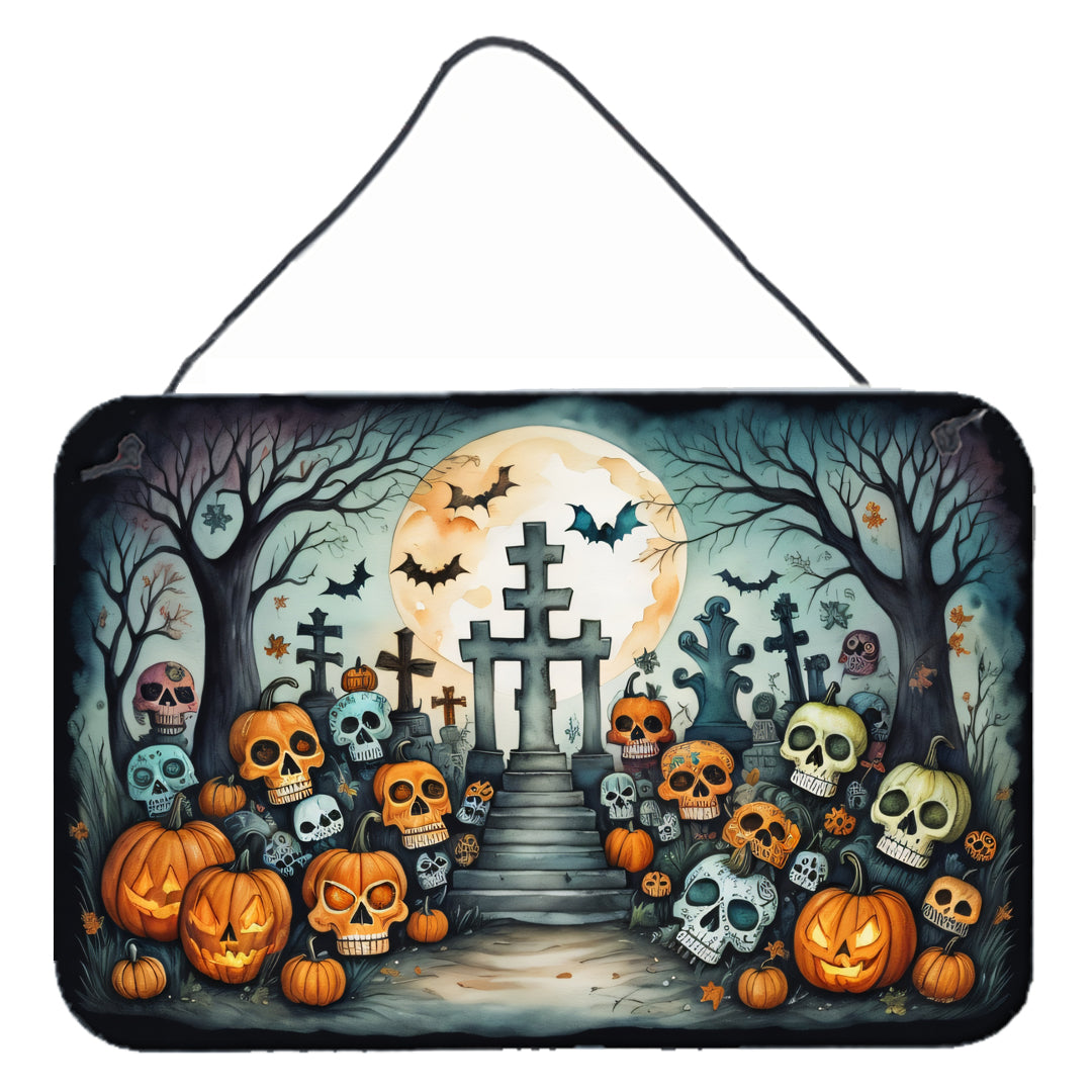 Calaveras Sugar Skulls Spooky Halloween Wall or Door Hanging Prints Aluminum Metal Sign Kitchen Wall Bar Bathroom Plaque Home Decor, 8HX12W, Multicolor