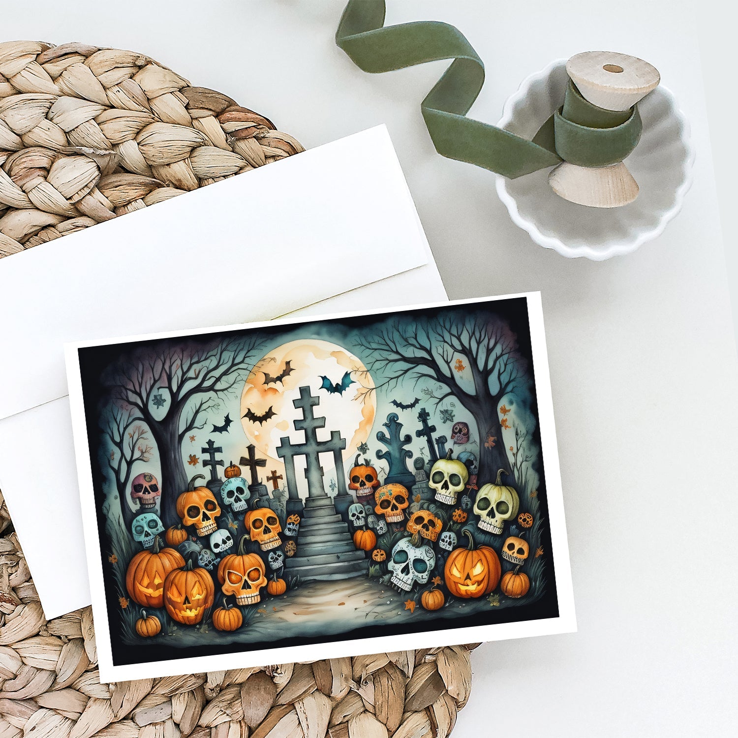 Calaveras Sugar Skulls Spooky Halloween Greeting Cards Pack of 8 Blank Cards with Envelopes Whimsical A7 Size 5x7