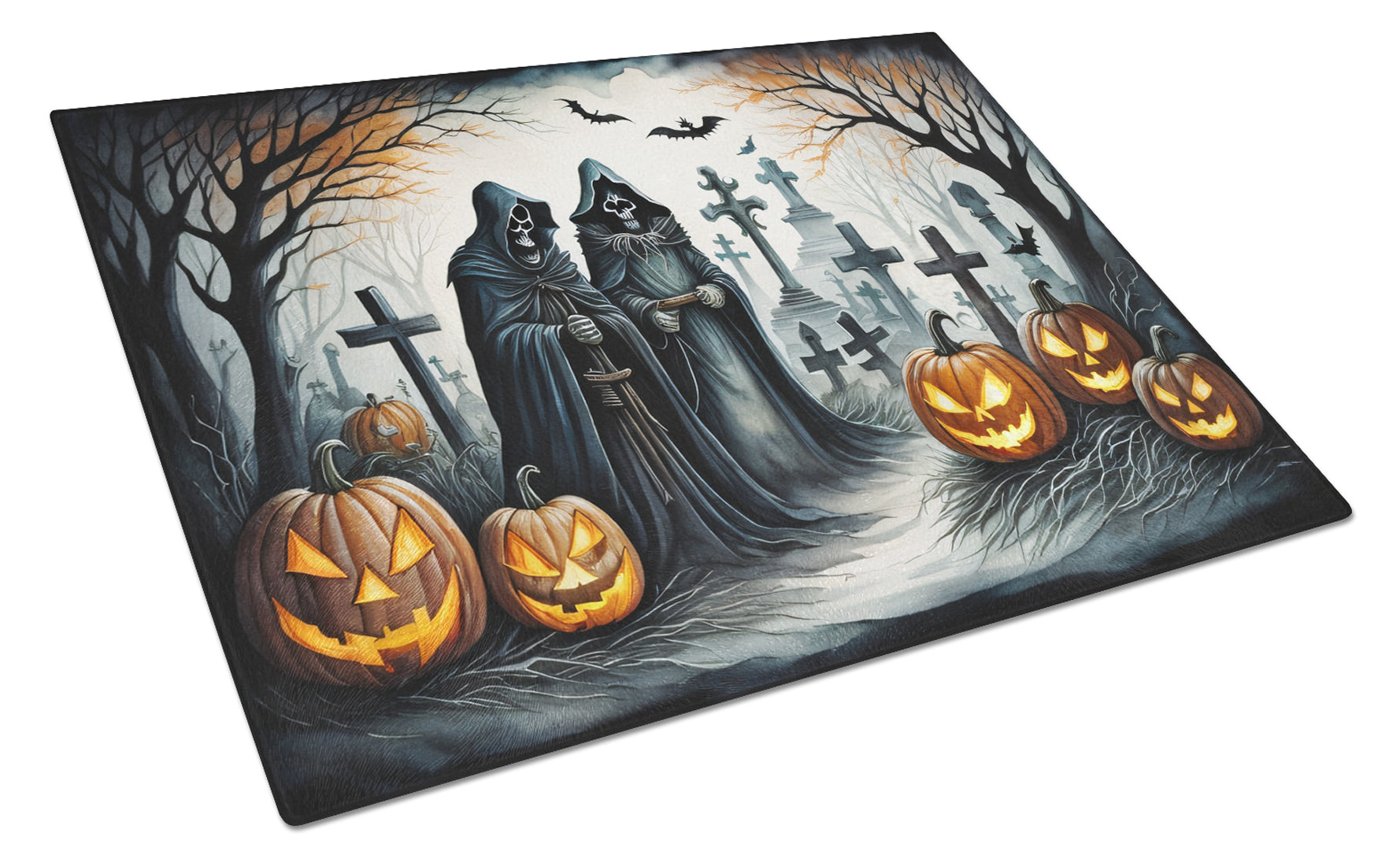 The Grim Reaper Spooky Halloween Cutting Board Tempered Glass Kitchen Cutting Surface, Heat Resistant Chopping, Non-Slip Feet, Food Prep & Serving