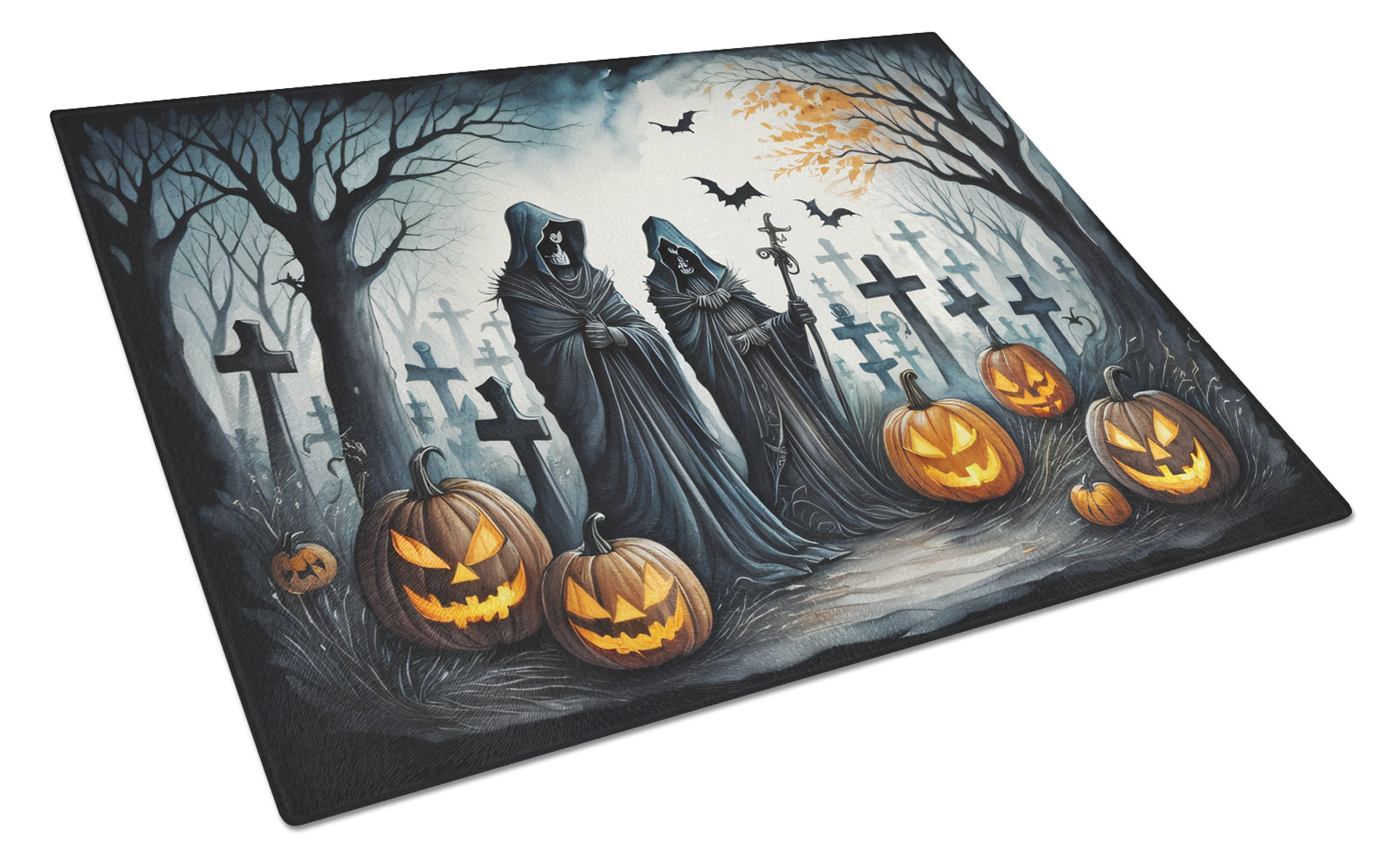 The Grim Reaper Spooky Halloween Cutting Board Tempered Glass Kitchen Cutting Surface, Heat Resistant Chopping, Non-Slip Feet, Food Prep & Serving