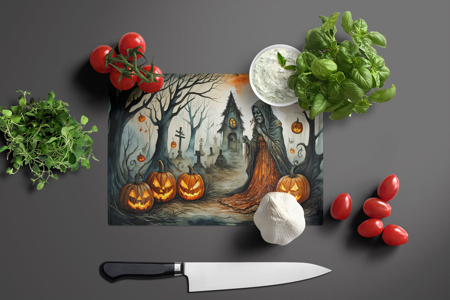 The Weeping Woman Spooky Halloween Cutting Board Tempered Glass Kitchen Cutting Surface, Heat Resistant Chopping, Non-Slip Feet, Food Prep & Serving