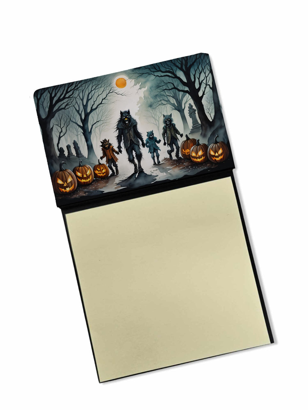 Werewolves Spooky Halloween Watercolor Sticky Note Holder Refillable Dispenser Desk Accessory 3x3 Pad Gift