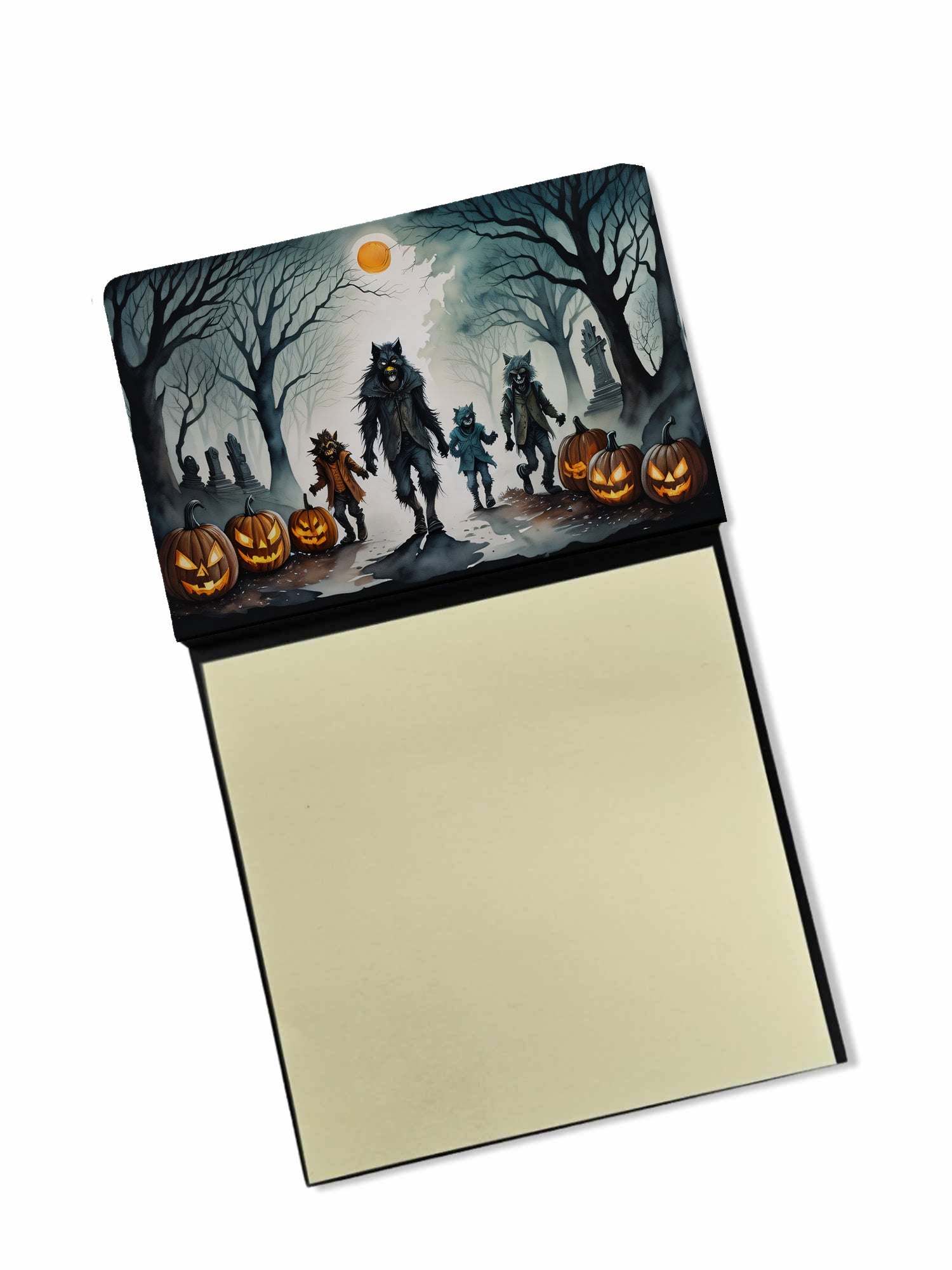 Werewolves Spooky Halloween Watercolor Sticky Note Holder Refillable Dispenser Desk Accessory 3x3 Pad Gift