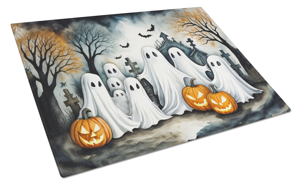 Ghosts Spooky Halloween Cutting Board Tempered Glass Kitchen Cutting Surface, Heat Resistant Chopping, Non-Slip Feet, Food Prep & Serving