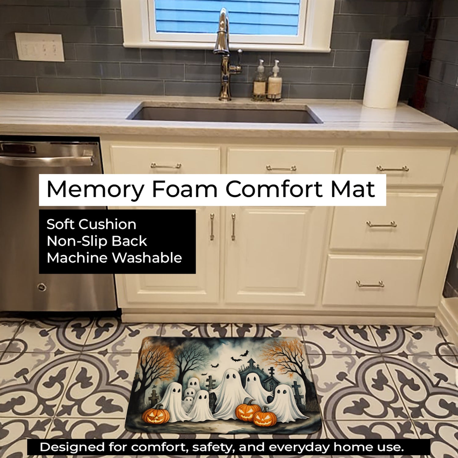 Ghosts Spooky Halloween Memory Foam Kitchen Mat Machine Washable Anti-Fatigue Cushion Comfort Bath or Kitchen Rug