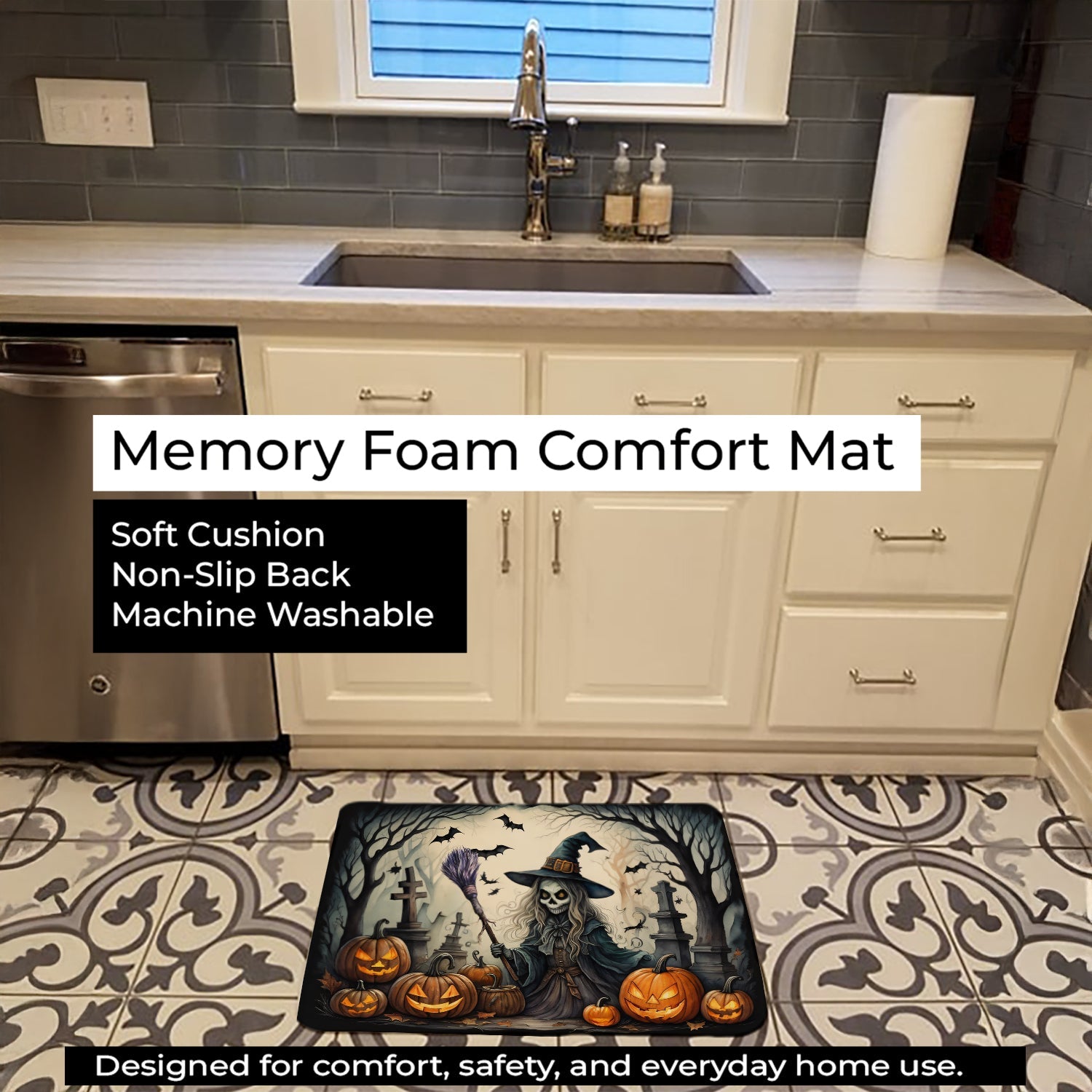 Witch Spooky Halloween Memory Foam Kitchen Mat Machine Washable Anti-Fatigue Cushion Comfort Bath or Kitchen Rug
