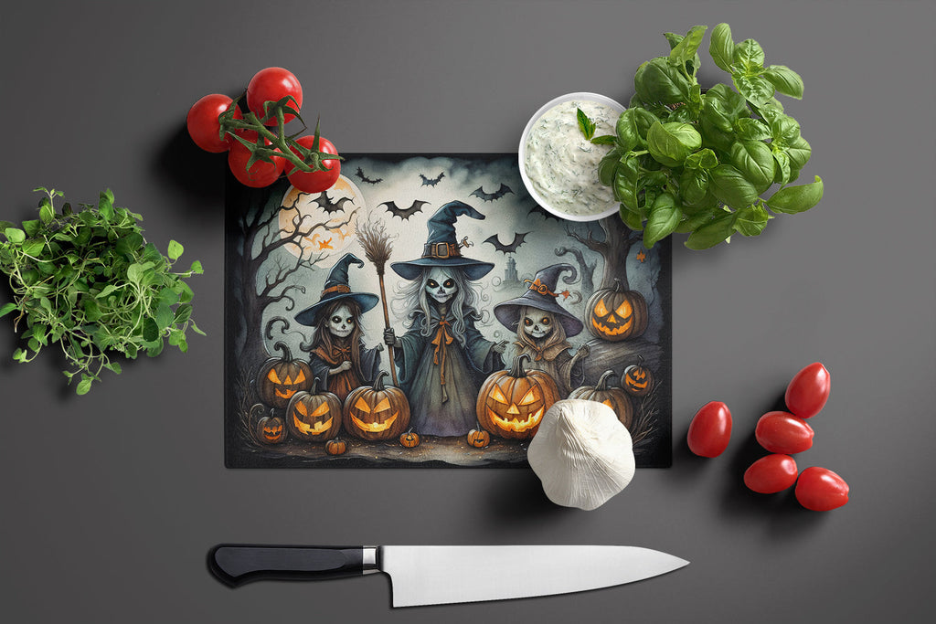 Witches Spooky Halloween Cutting Board Tempered Glass Kitchen Cutting Surface, Heat Resistant Chopping, Non-Slip Feet, Food Prep & Serving