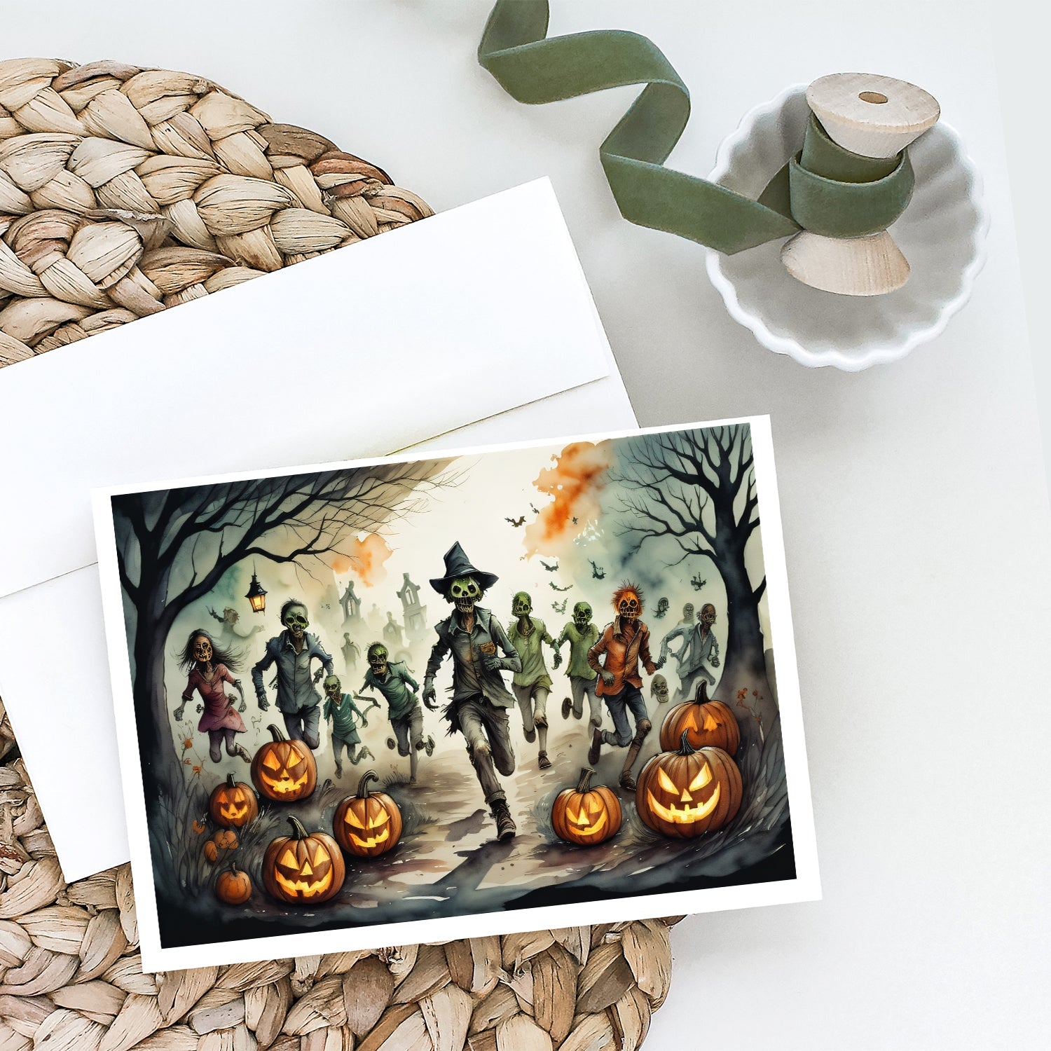 Zombies Spooky Halloween Greeting Cards Pack of 8 Blank Cards with Envelopes Whimsical A7 Size 5x7