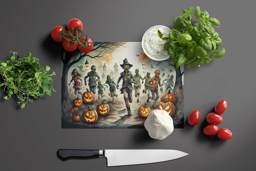 Zombies Spooky Halloween Cutting Board Tempered Glass Kitchen Cutting Surface, Heat Resistant Chopping, Non-Slip Feet, Food Prep & Serving