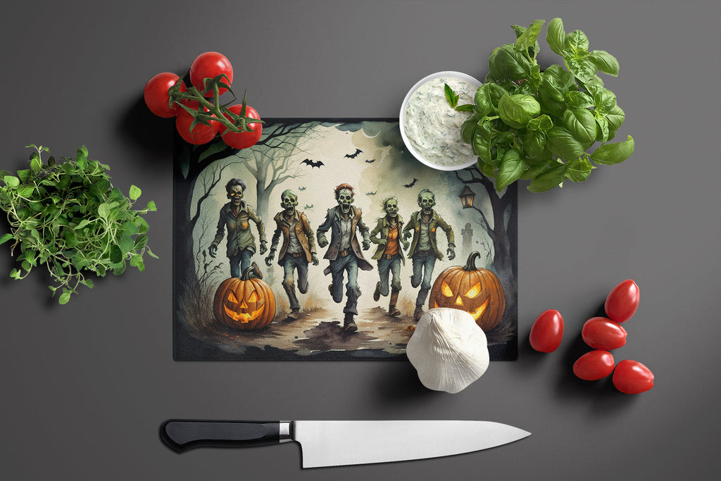 Zombies Spooky Halloween Cutting Board Tempered Glass Kitchen Cutting Surface, Heat Resistant Chopping, Non-Slip Feet, Food Prep & Serving