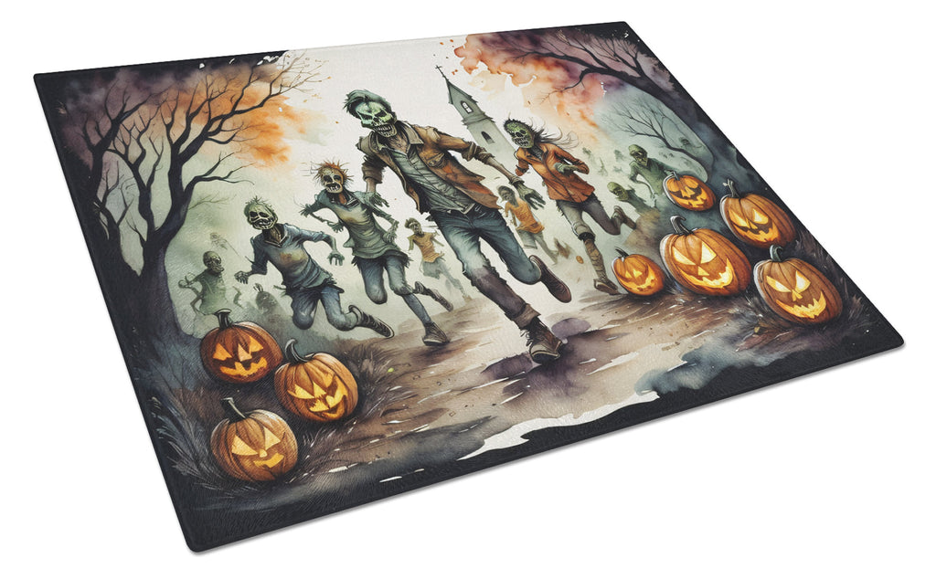 Zombies Spooky Halloween Cutting Board Tempered Glass Kitchen Cutting Surface, Heat Resistant Chopping, Non-Slip Feet, Food Prep & Serving