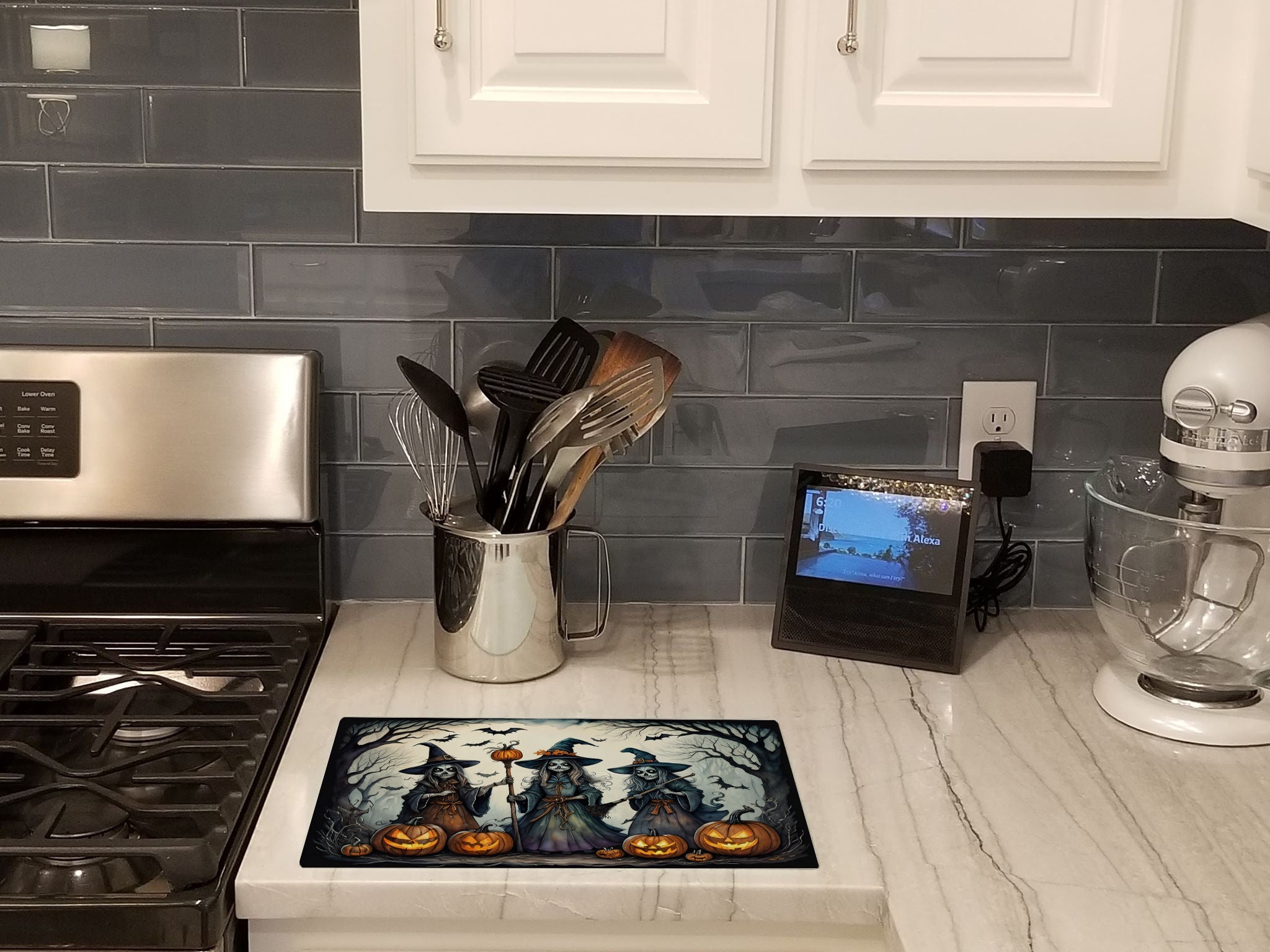 Witches Spooky Halloween Cutting Board Tempered Glass Kitchen Cutting Surface, Heat Resistant Chopping, Non-Slip Feet, Food Prep & Serving