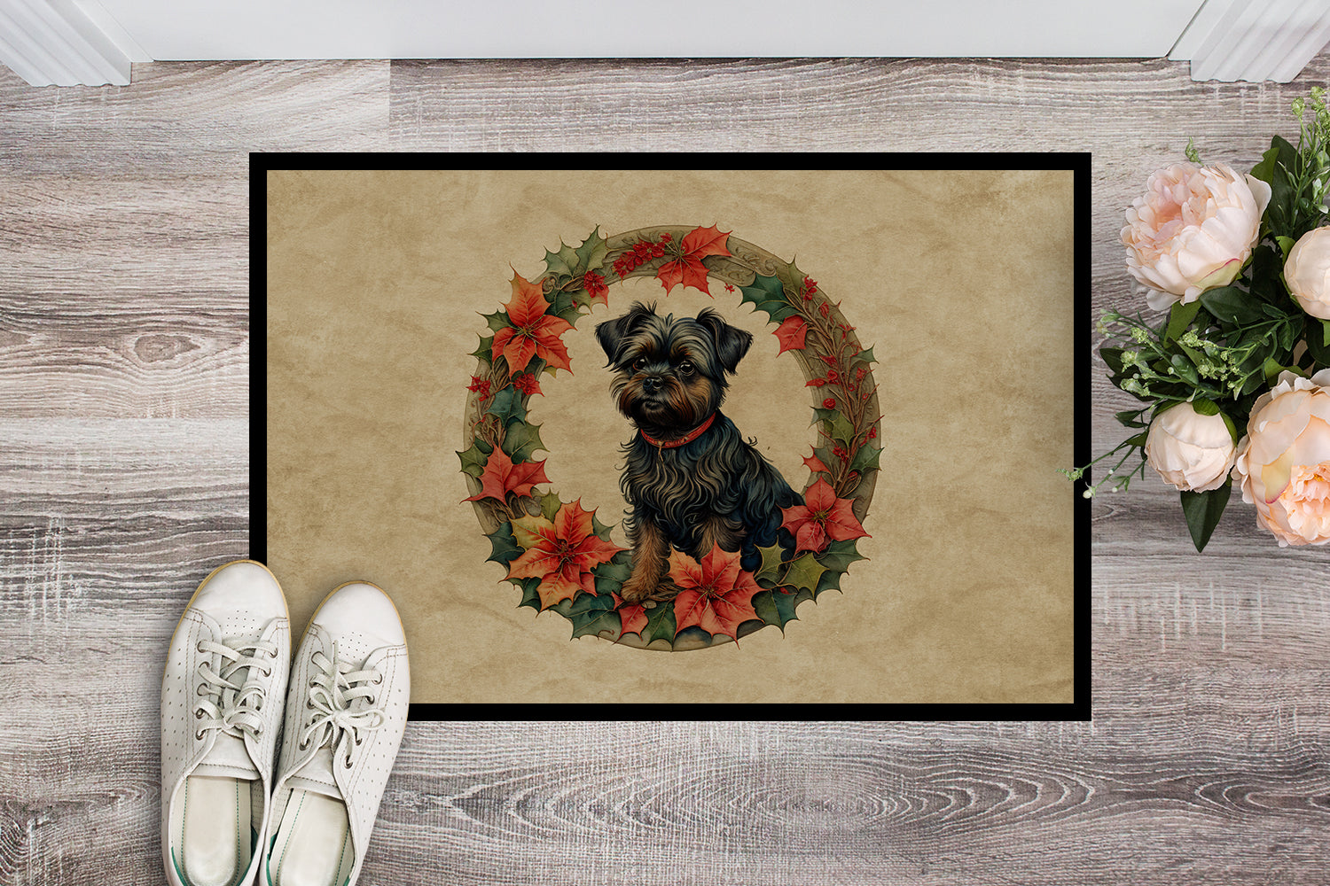 Affenpinscher Christmas Flowers Doormat Indoor Outdoor 18H X 27W Front Door Mat Rugs for Entryway, Non Slip Washable