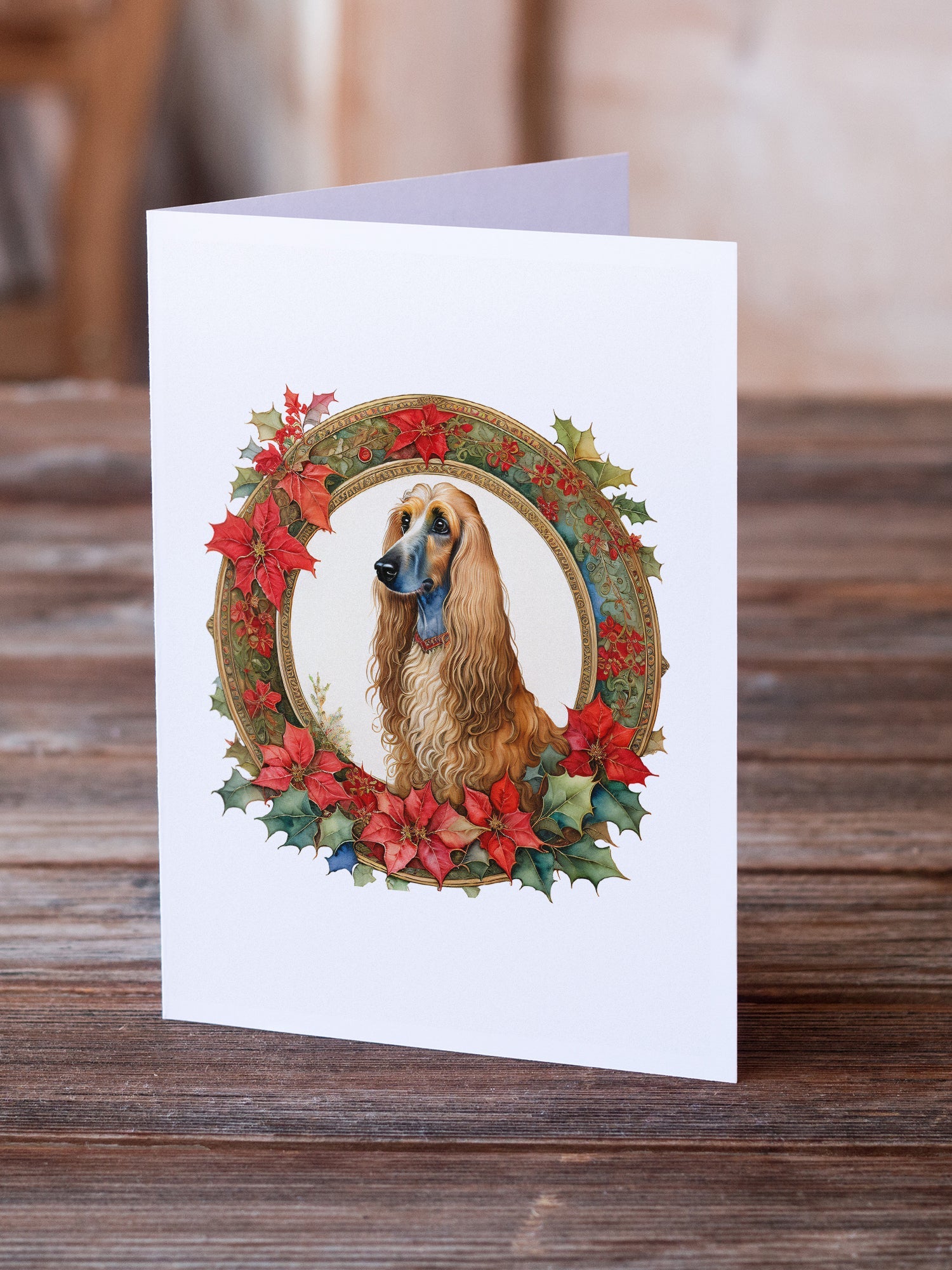 Afghan Hound Christmas Flowers Greeting Cards Pack of 8 Blank Cards with Envelopes Whimsical A7 Size 5x7