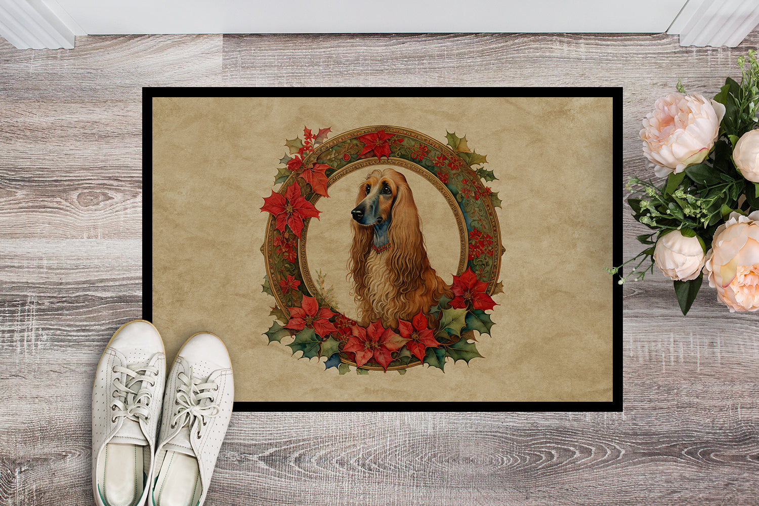 Afghan Hound Christmas Flowers Doormat Indoor Outdoor 18H X 27W Front Door Mat Rugs for Entryway, Non Slip Washable