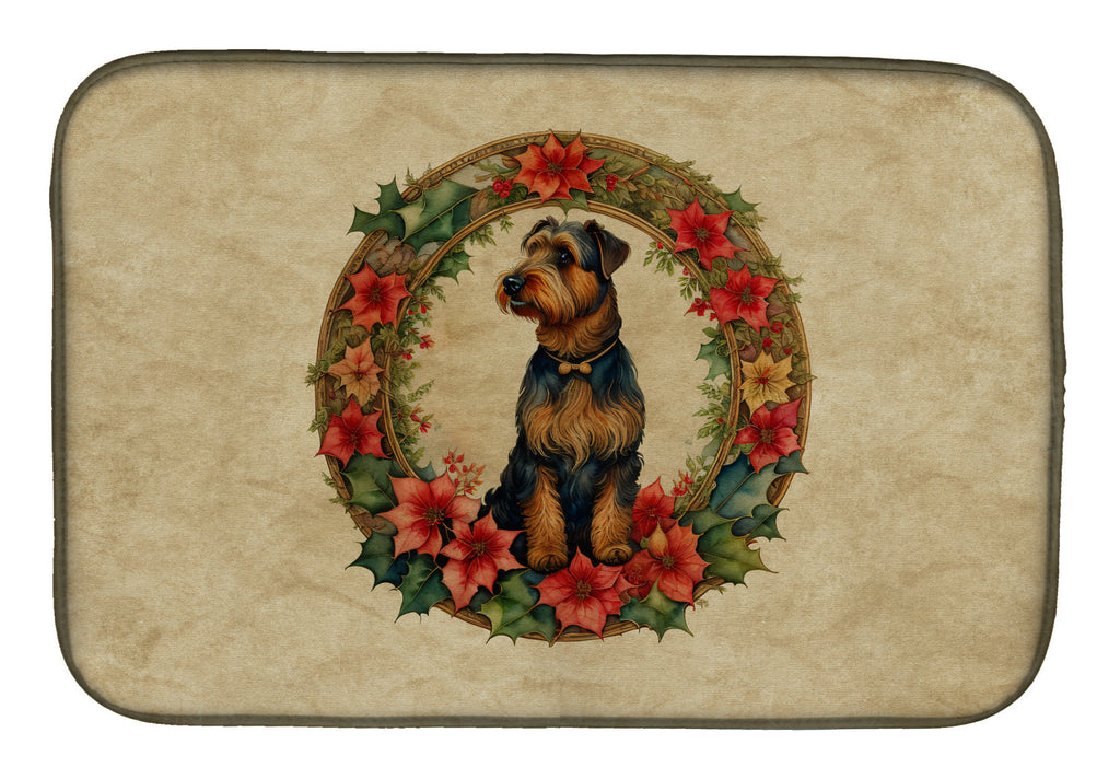 Airedale Terrier Christmas Flowers Dish Drying Mat Absorbent Dish Drying Mat Pad for Kitchen Counter Dish Drainer Mat for Countertop, 14 x 21", Multicolor