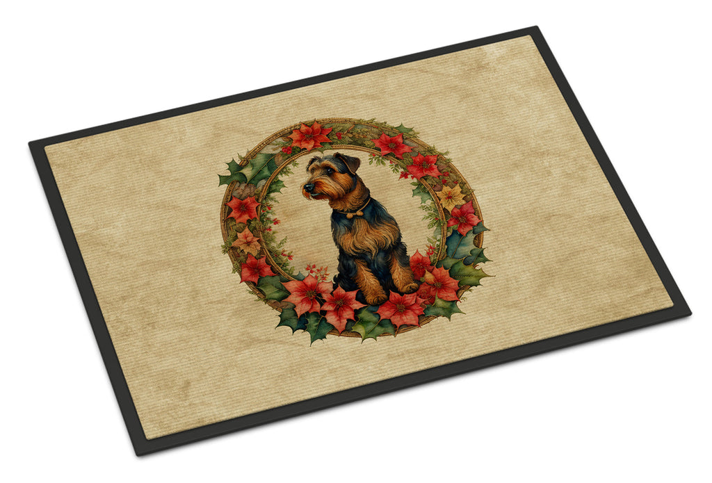 Airedale Terrier Christmas Flowers Doormat Indoor Outdoor 24H X 36W Front Door Mat Rugs for Entryway, Non Slip Washable Low Pile,