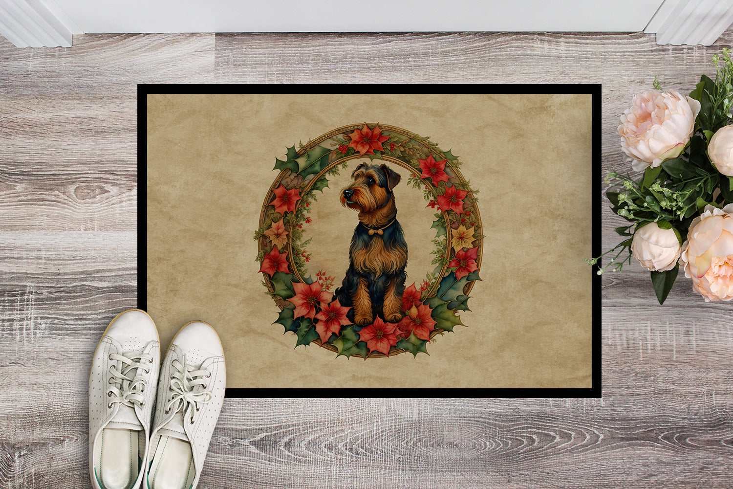 Airedale Terrier Christmas Flowers Doormat Indoor Outdoor 24H X 36W Front Door Mat Rugs for Entryway, Non Slip Washable Low Pile,