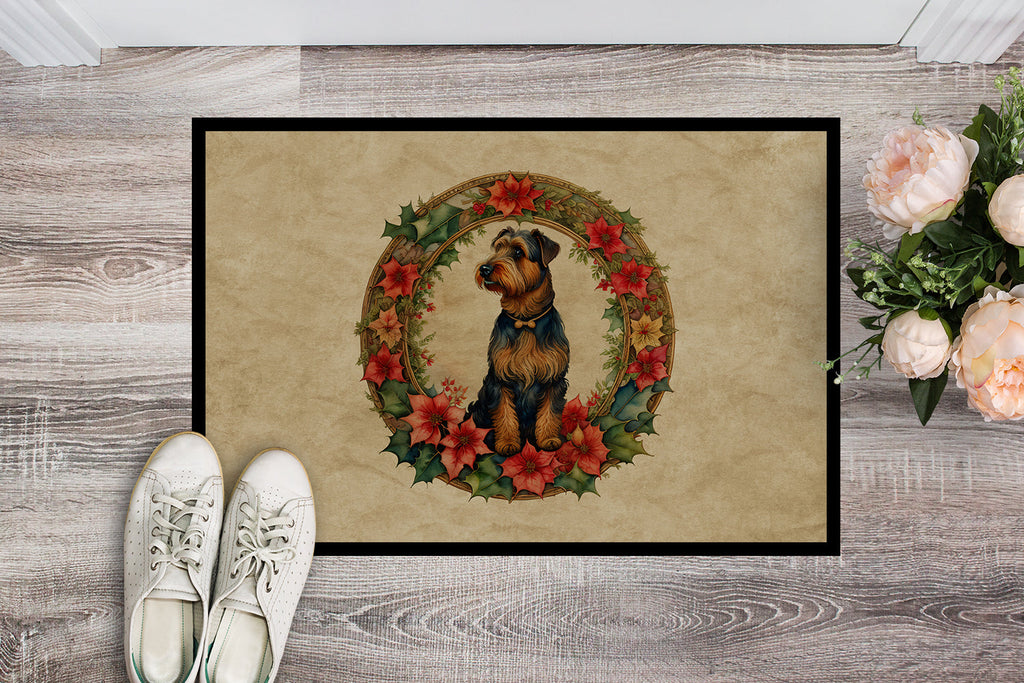 Airedale Terrier Christmas Flowers Doormat Indoor Outdoor 18H X 27W Front Door Mat Rugs for Entryway, Non Slip Washable