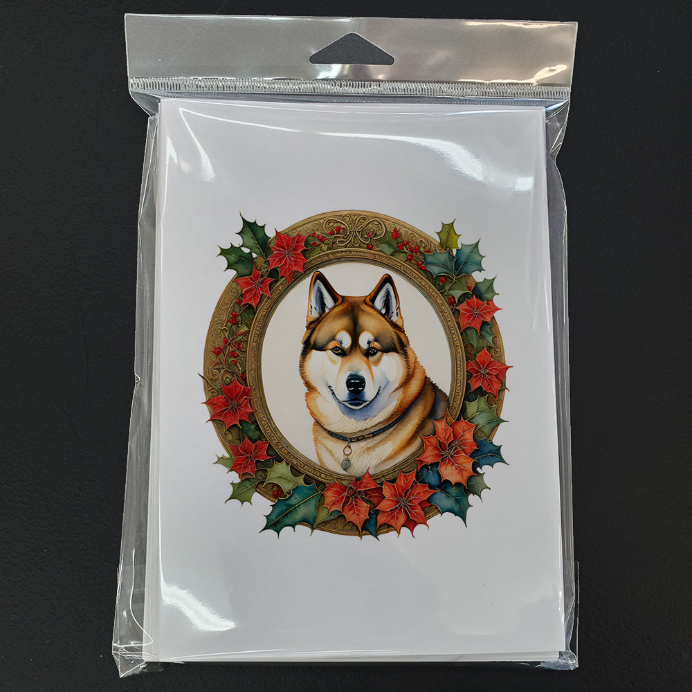 Akita Christmas Flowers Greeting Cards Pack of 8 Blank Cards with Envelopes Whimsical A7 Size 5x7