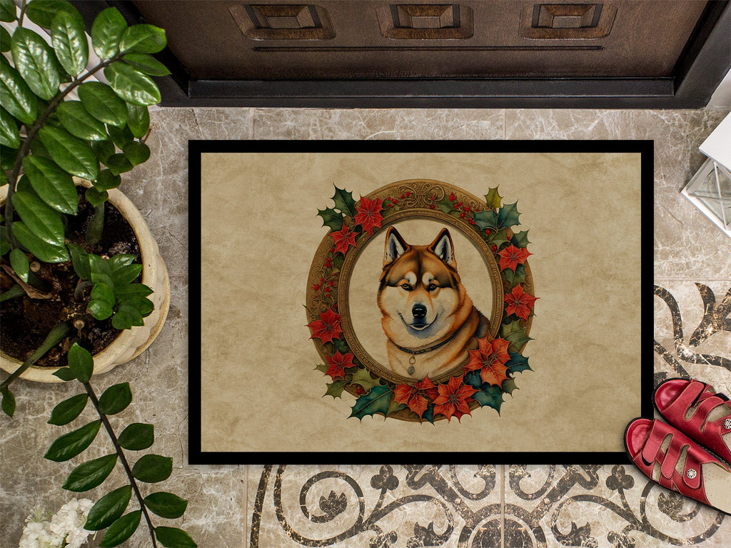 Akita Christmas Flowers Doormat Indoor Outdoor 24H X 36W Front Door Mat Rugs for Entryway, Non Slip Washable Low Pile,