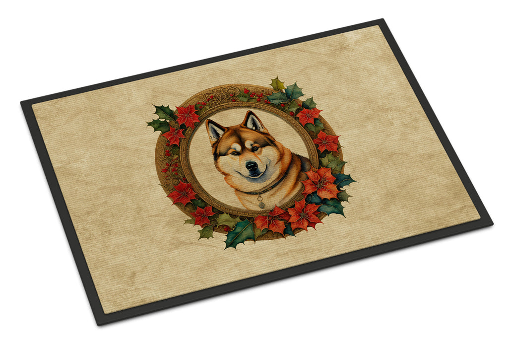 Akita Christmas Flowers Doormat Indoor Outdoor 18H X 27W Front Door Mat Rugs for Entryway, Non Slip Washable