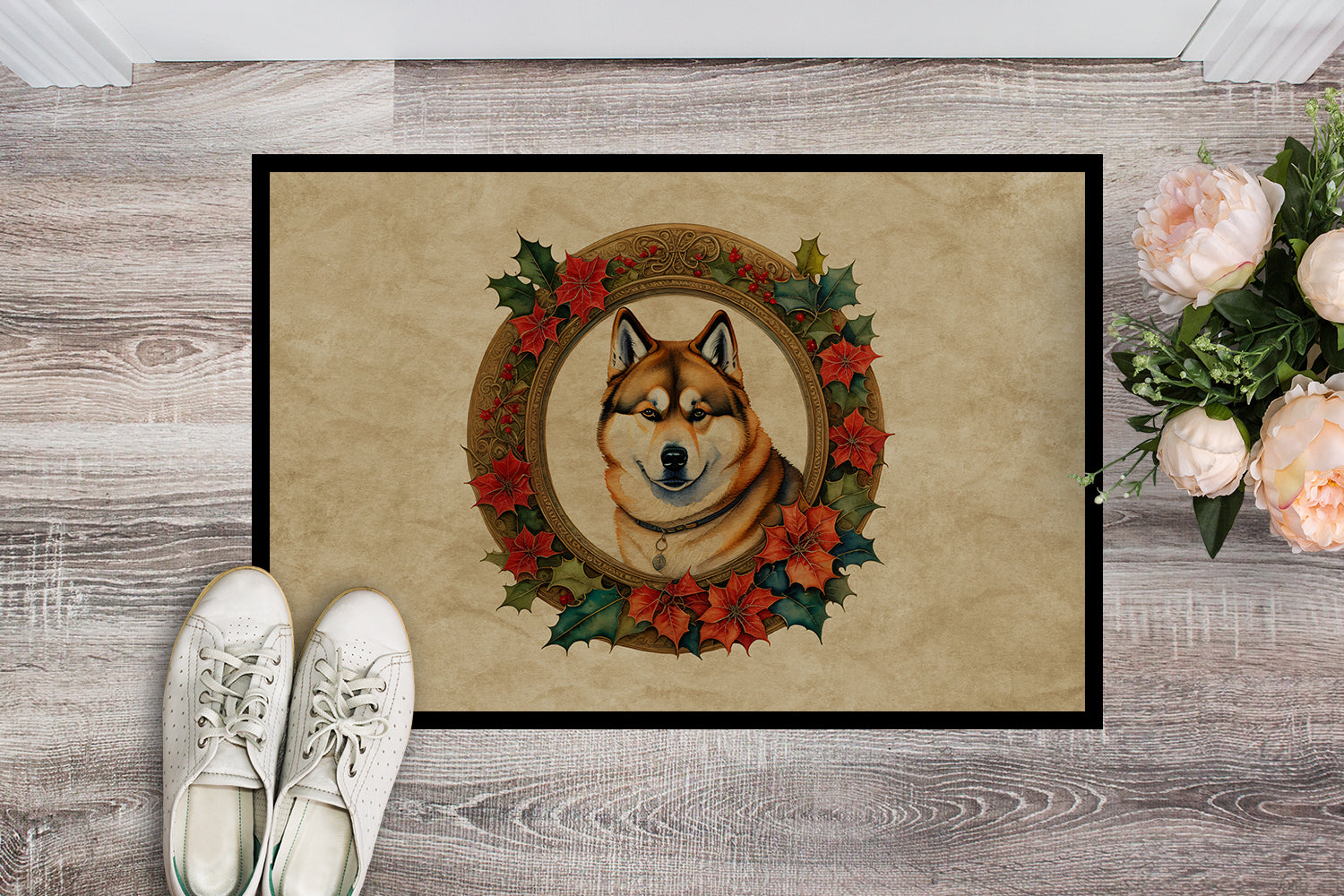 Akita Christmas Flowers Doormat Indoor Outdoor 18H X 27W Front Door Mat Rugs for Entryway, Non Slip Washable