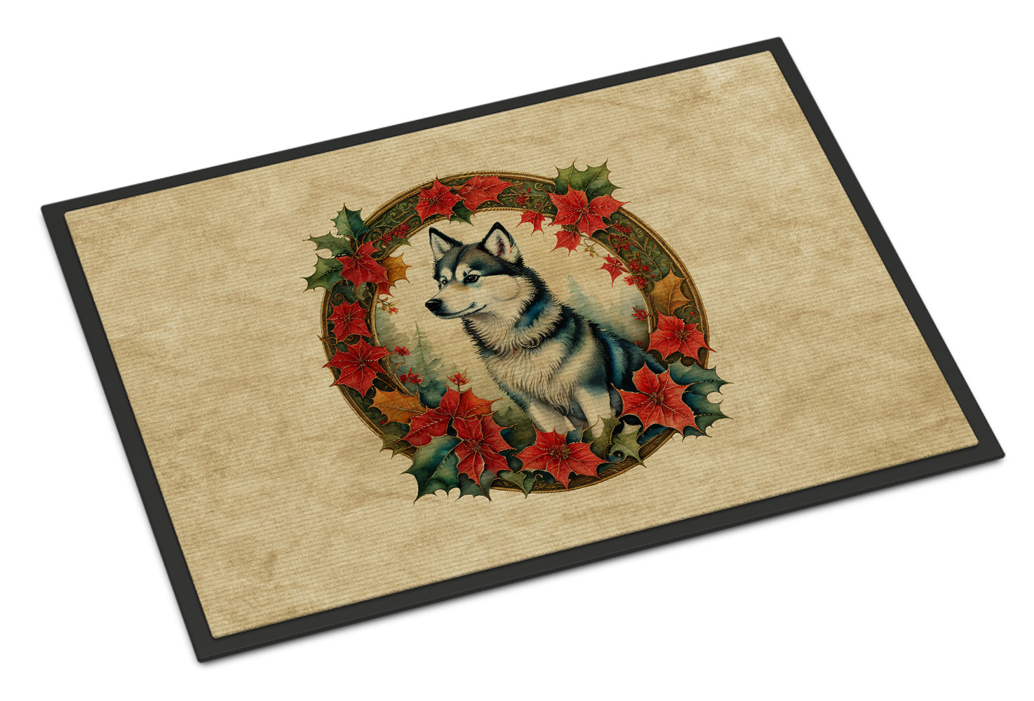 Alaskan Klee Kai Christmas Flowers Doormat Indoor Outdoor 18H X 27W Front Door Mat Rugs for Entryway, Non Slip Washable