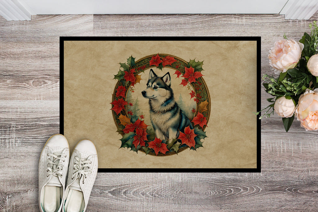 Alaskan Klee Kai Christmas Flowers Doormat Indoor Outdoor 18H X 27W Front Door Mat Rugs for Entryway, Non Slip Washable