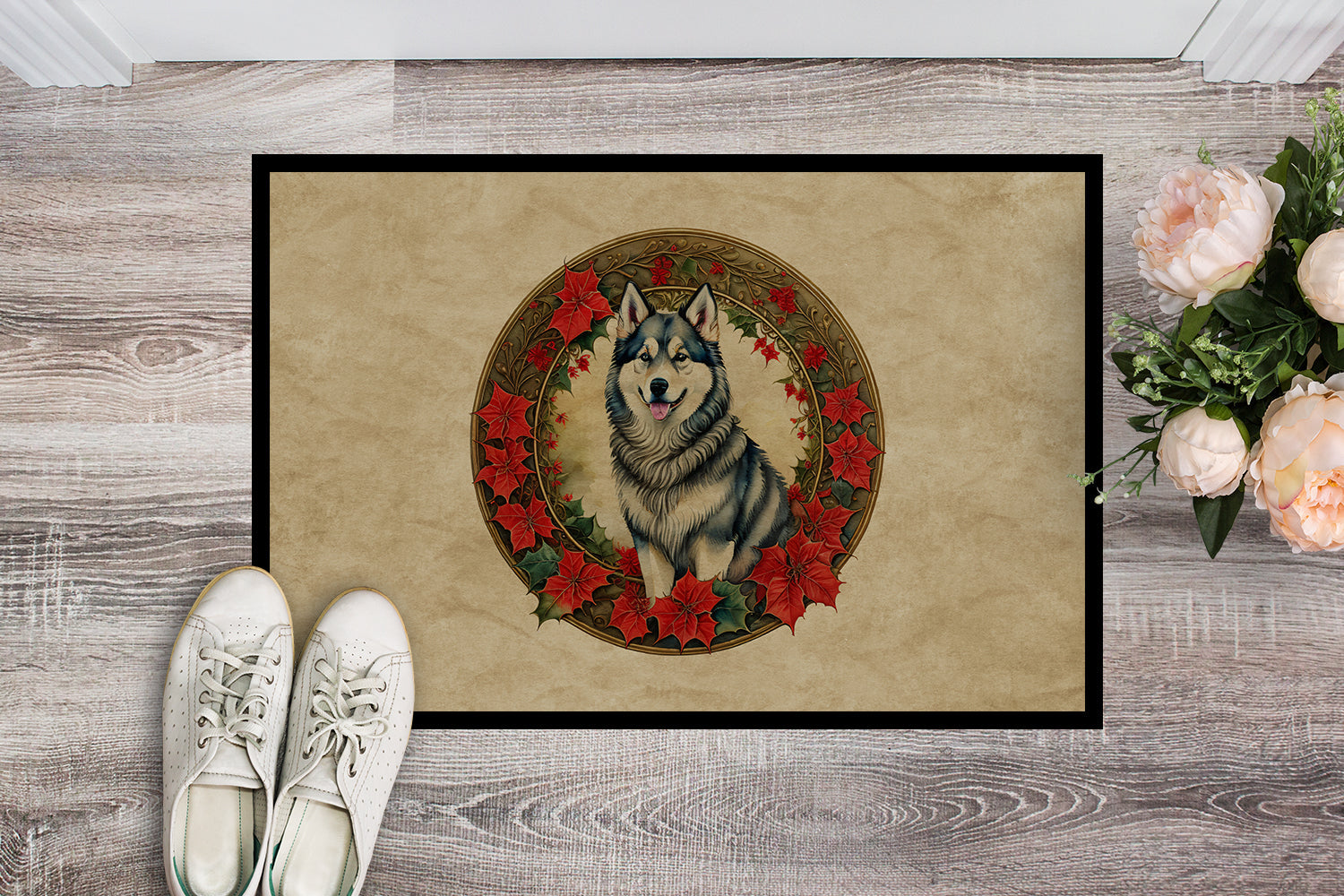 Alaskan Malamute Christmas Flowers Doormat Indoor Outdoor 24H X 36W Front Door Mat Rugs for Entryway, Non Slip Washable Low Pile,