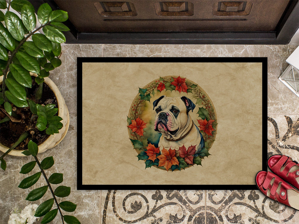 American Bulldog Christmas Flowers Doormat Indoor Outdoor 18H X 27W Front Door Mat Rugs for Entryway, Non Slip Washable