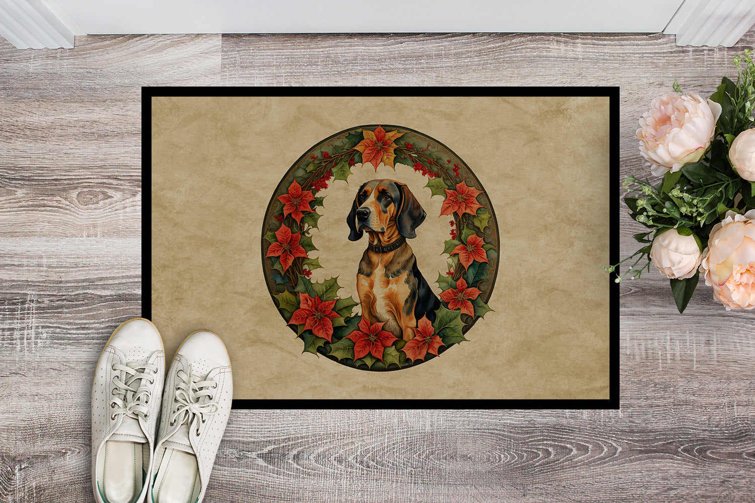 American English Coonhound Christmas Flowers Doormat Indoor Outdoor 24H X 36W Front Door Mat Rugs for Entryway, Non Slip Washable Low Pile,