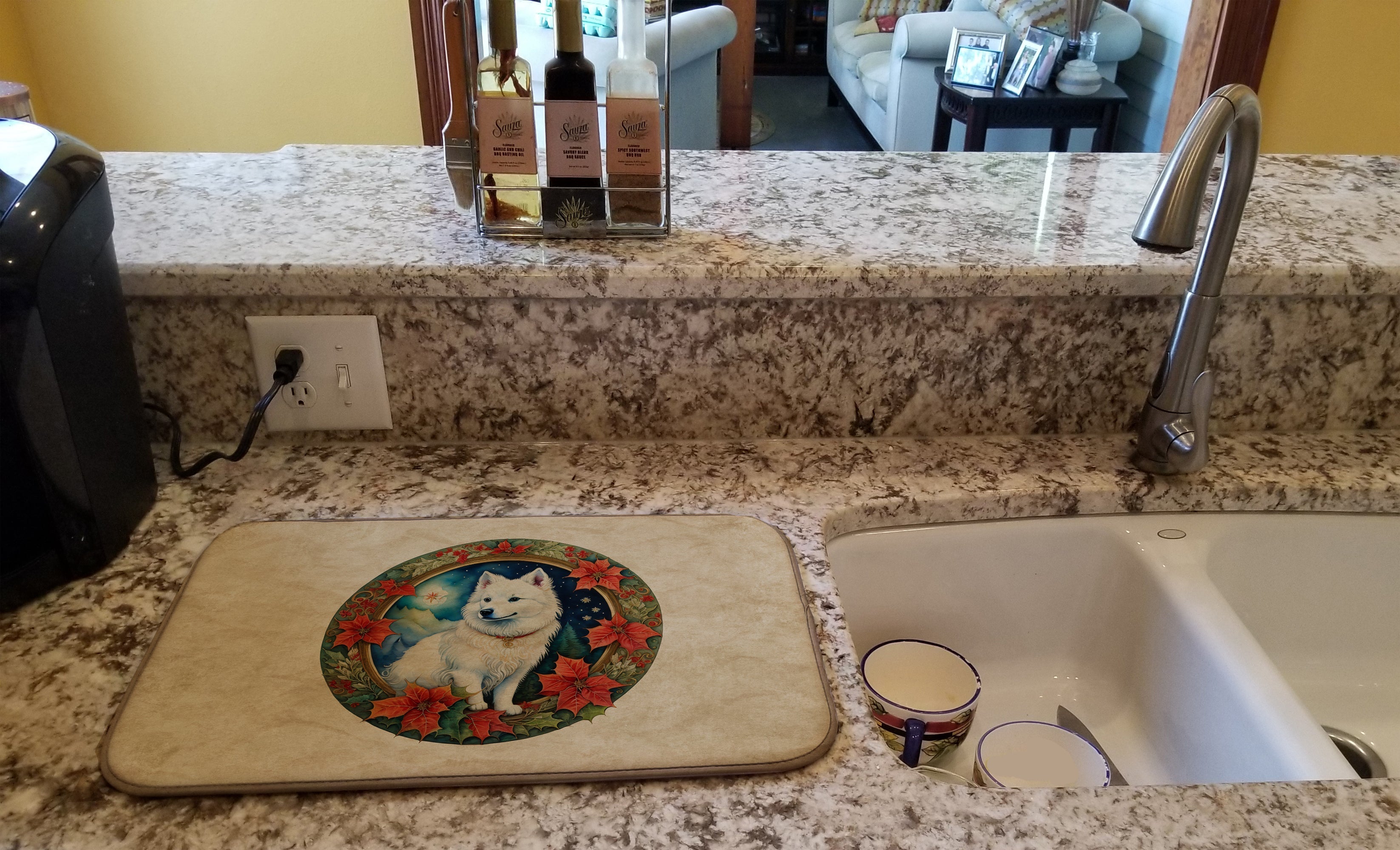 American Eskimo Christmas Flowers Dish Drying Mat Absorbent Dish Drying Mat Pad for Kitchen Counter Dish Drainer Mat for Countertop, 14 x 21", Multicolor