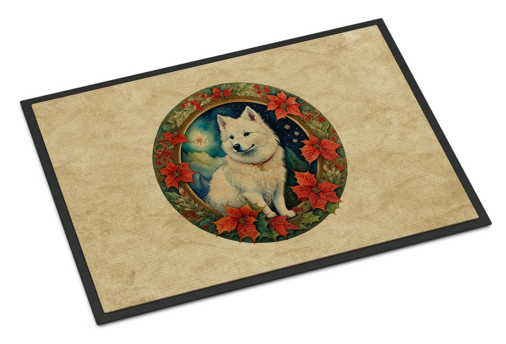 American Eskimo Christmas Flowers Doormat Indoor Outdoor 18H X 27W Front Door Mat Rugs for Entryway, Non Slip Washable