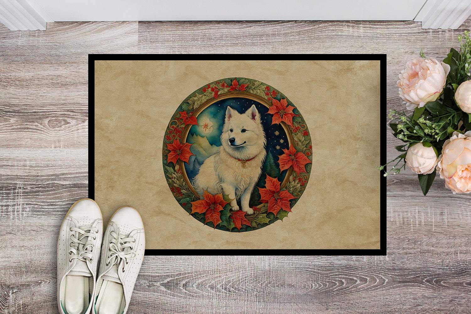 American Eskimo Christmas Flowers Doormat Indoor Outdoor 18H X 27W Front Door Mat Rugs for Entryway, Non Slip Washable