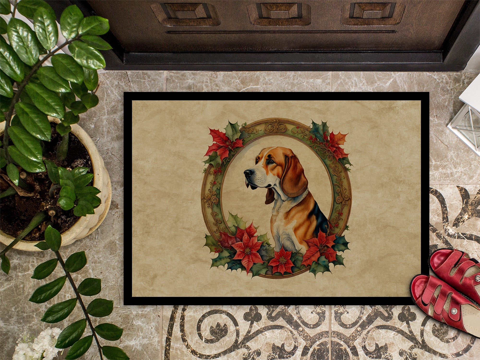 American Foxhound Christmas Flowers Doormat Indoor Outdoor 18H X 27W Front Door Mat Rugs for Entryway, Non Slip Washable