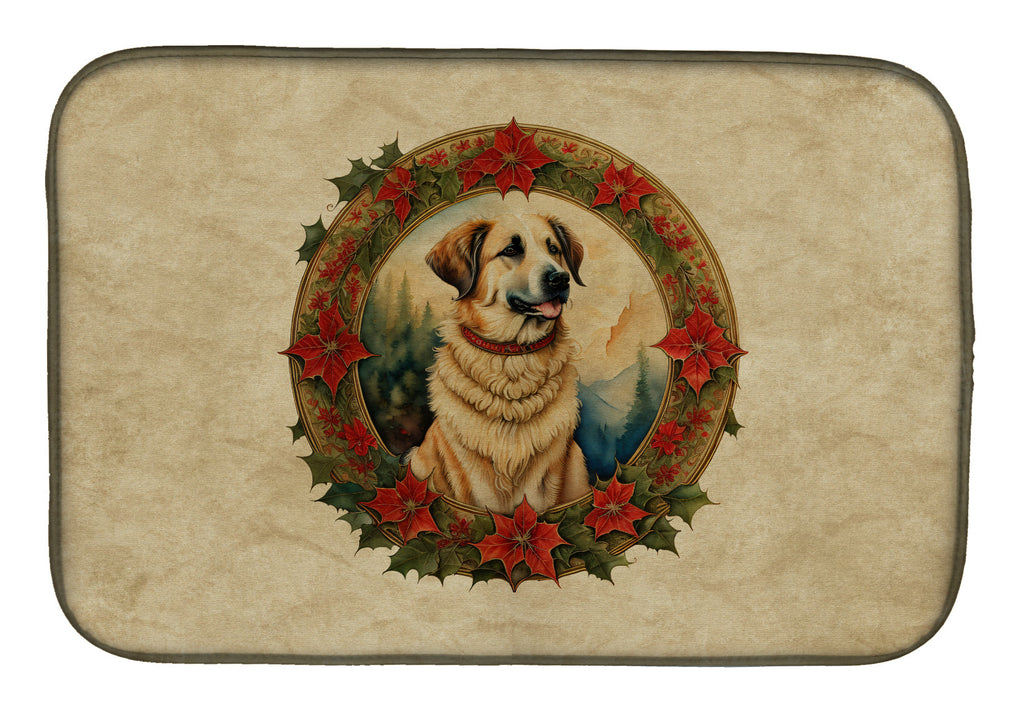 Anatolian Shepherd Dog Christmas Flowers Dish Drying Mat Absorbent Dish Drying Mat Pad for Kitchen Counter Dish Drainer Mat for Countertop, 14 x 21", Multicolor