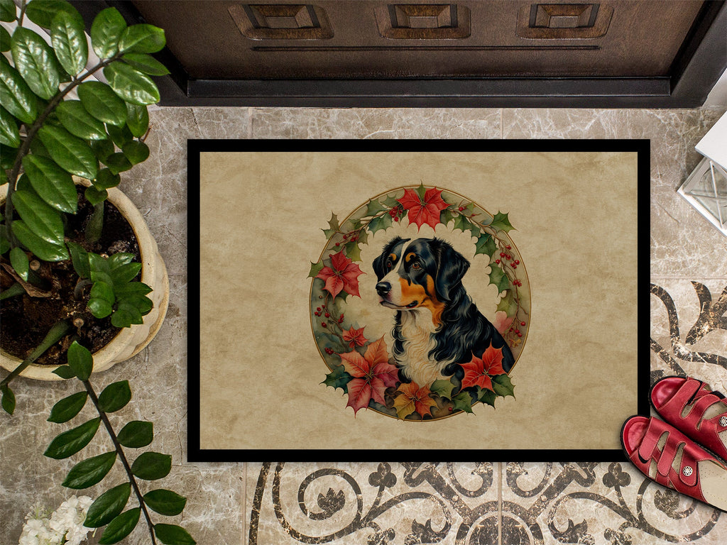 Appenzeller Sennenhund Christmas Flowers Doormat Indoor Outdoor 18H X 27W Front Door Mat Rugs for Entryway, Non Slip Washable