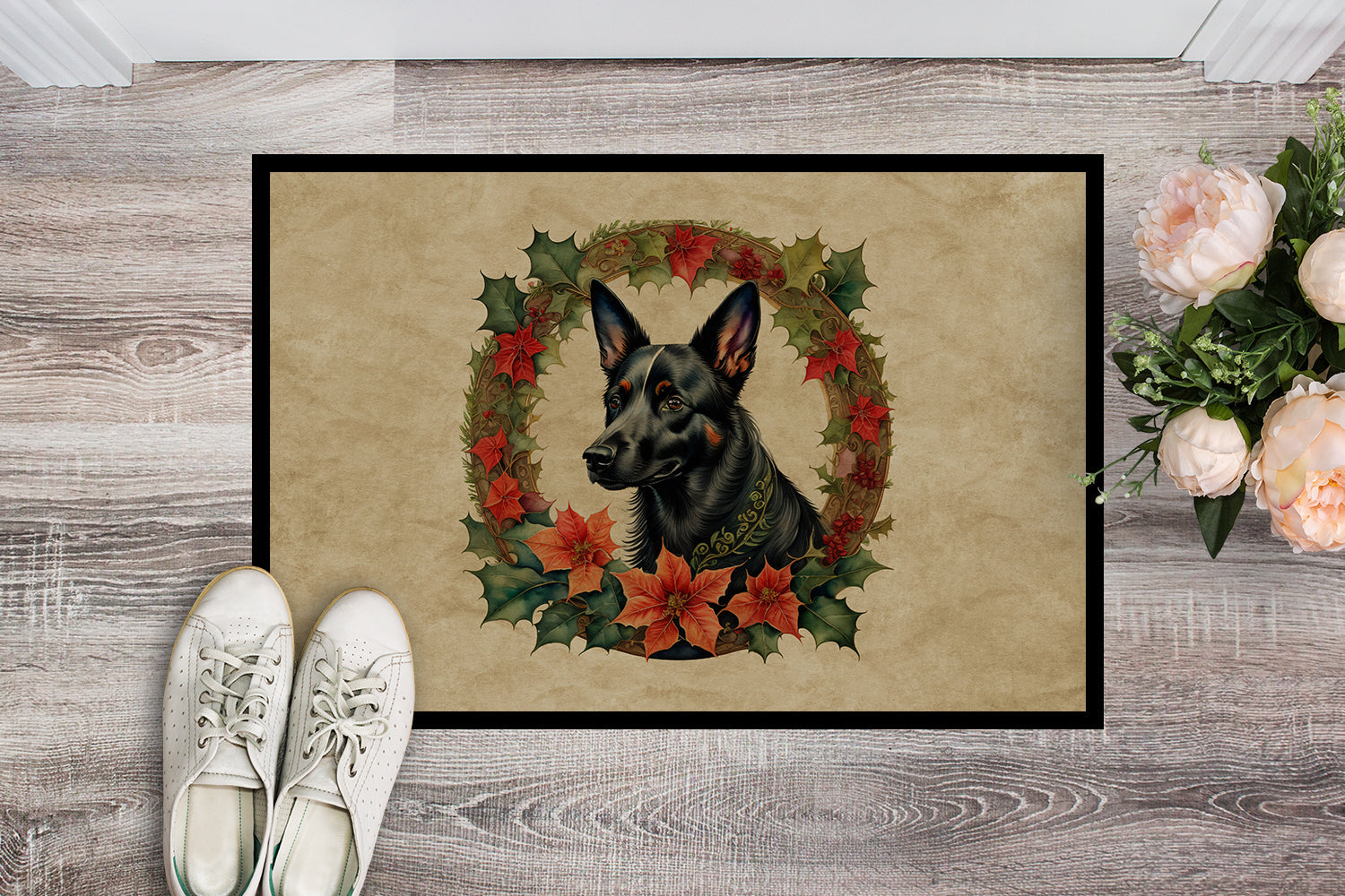 Australian Kelpie Christmas Flowers Doormat Indoor Outdoor 24H X 36W Front Door Mat Rugs for Entryway, Non Slip Washable Low Pile,