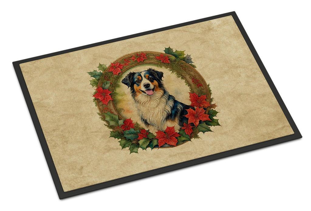 Australian Shepherd Christmas Flowers Doormat Indoor Outdoor 24H X 36W Front Door Mat Rugs for Entryway, Non Slip Washable Low Pile,