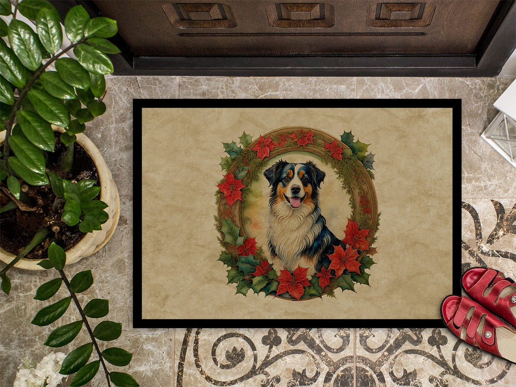 Australian Shepherd Christmas Flowers Doormat Indoor Outdoor 24H X 36W Front Door Mat Rugs for Entryway, Non Slip Washable Low Pile,