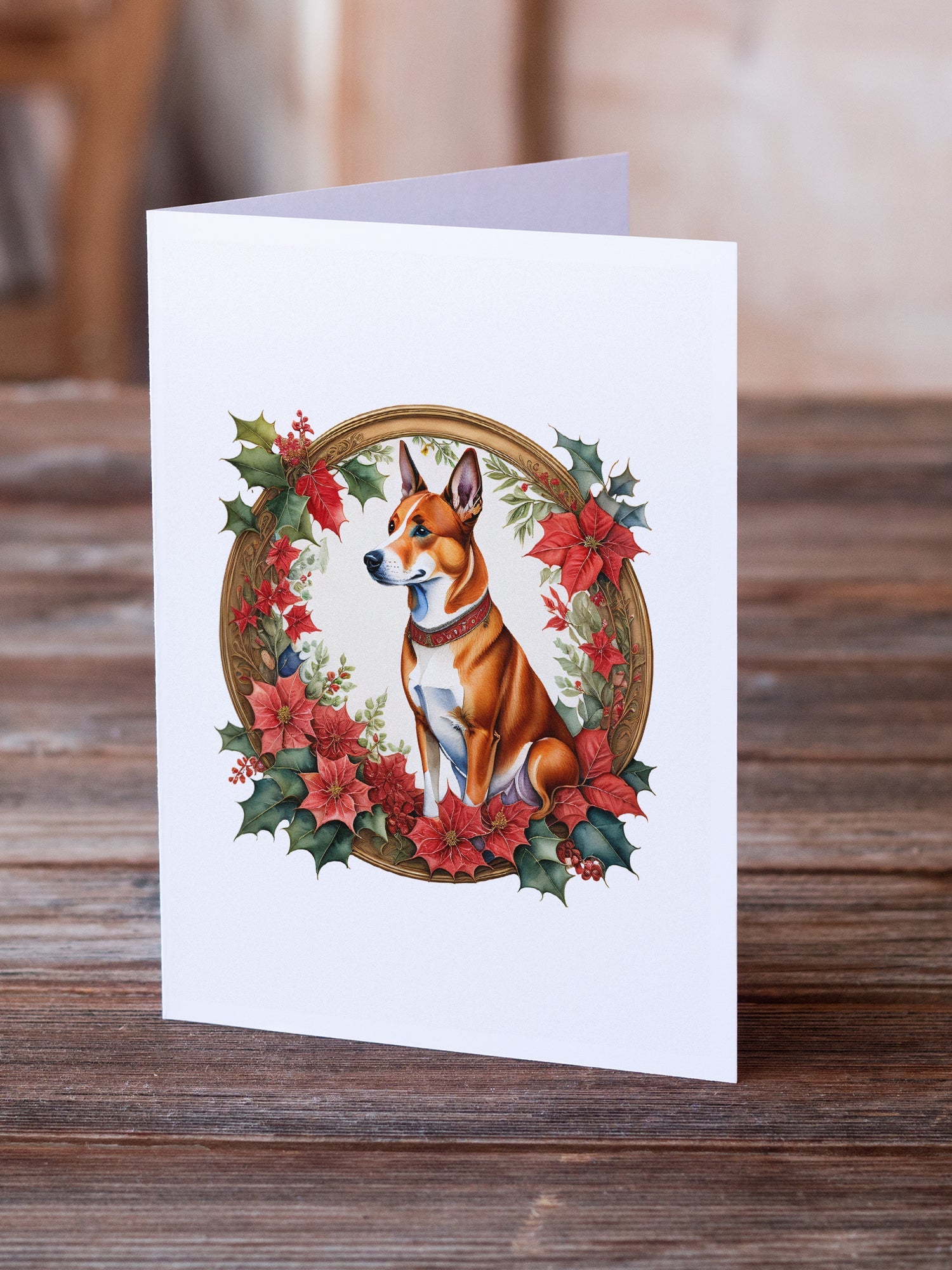 Basenji Christmas Flowers Greeting Cards Pack of 8 Blank Cards with Envelopes Whimsical A7 Size 5x7