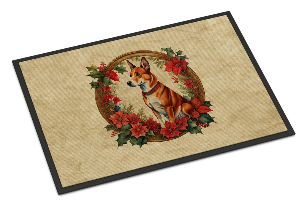 Basenji Christmas Flowers Doormat Indoor Outdoor 18H X 27W Front Door Mat Rugs for Entryway, Non Slip Washable