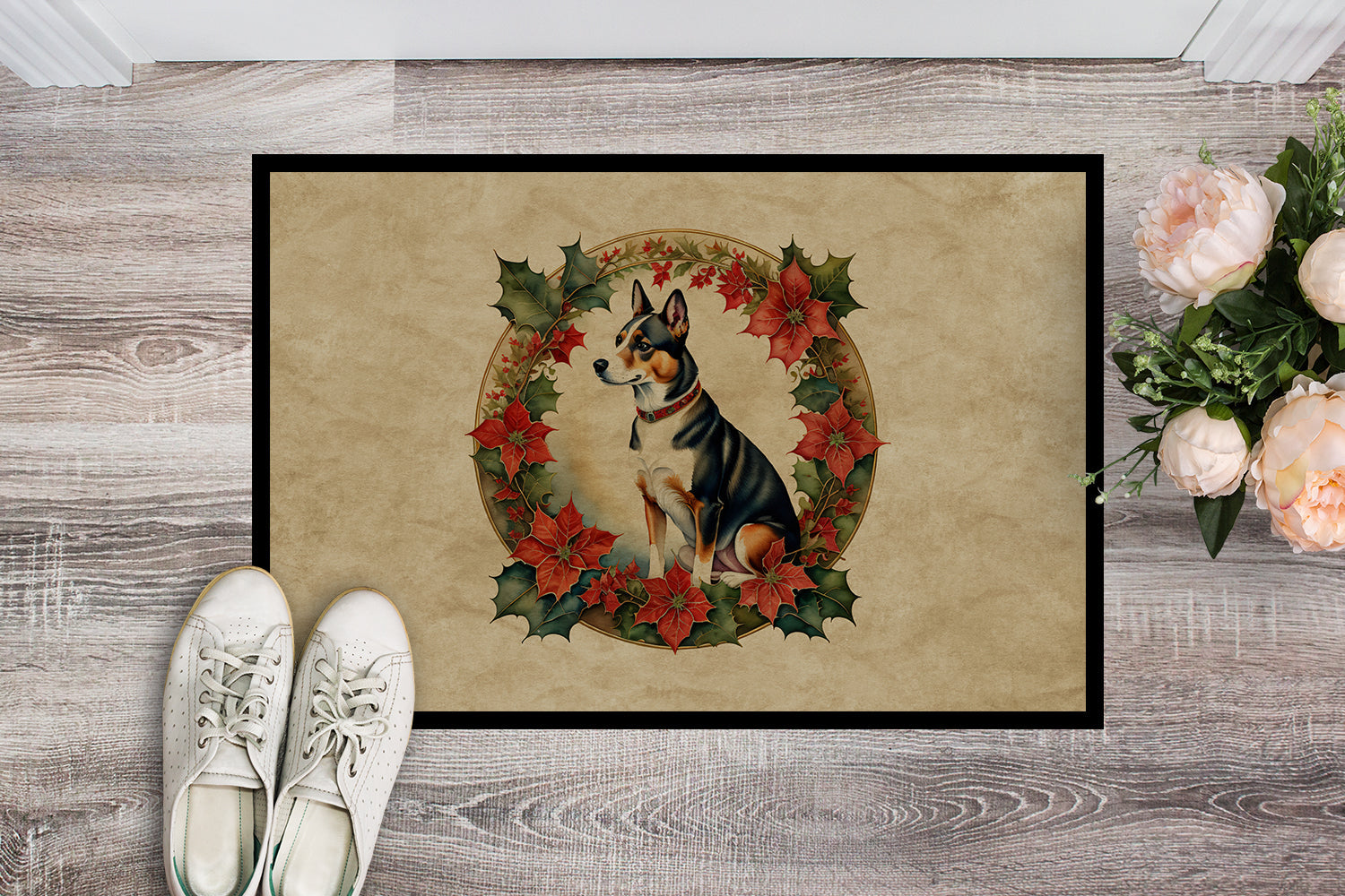 Basenji Christmas Flowers Doormat Indoor Outdoor 24H X 36W Front Door Mat Rugs for Entryway, Non Slip Washable Low Pile,
