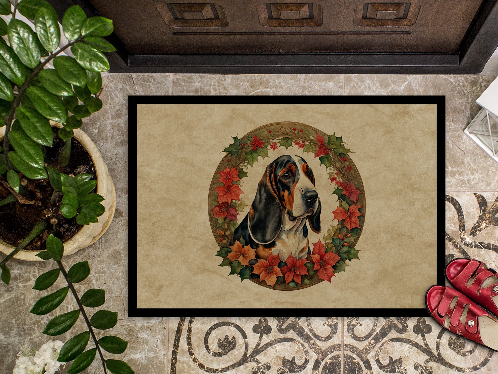 Basset Hound Christmas Flowers Doormat Indoor Outdoor 24H X 36W Front Door Mat Rugs for Entryway, Non Slip Washable Low Pile,