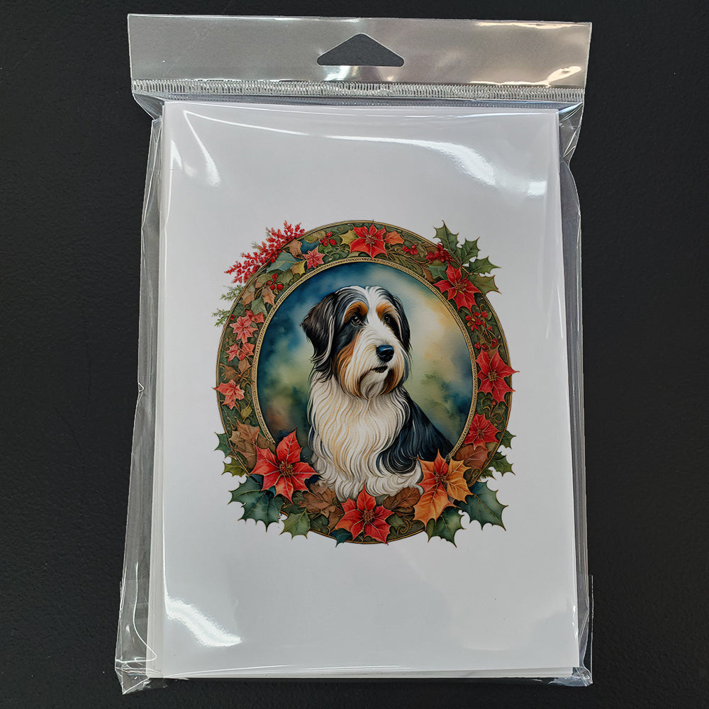 Bearded Collie Christmas Flowers Greeting Cards Pack of 8 Blank Cards with Envelopes Whimsical A7 Size 5x7
