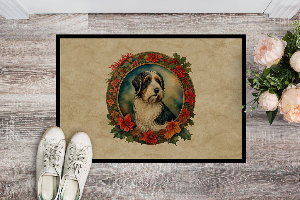 Bearded Collie Christmas Flowers Doormat Indoor Outdoor 24H X 36W Front Door Mat Rugs for Entryway, Non Slip Washable Low Pile,