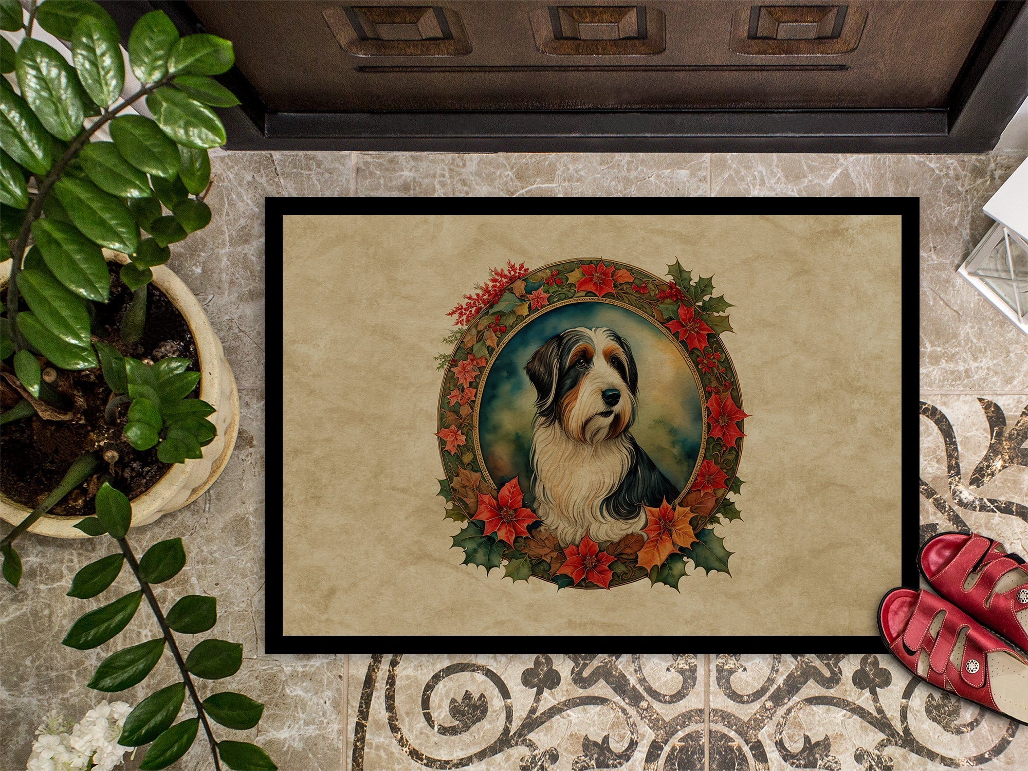 Bearded Collie Christmas Flowers Doormat Indoor Outdoor 24H X 36W Front Door Mat Rugs for Entryway, Non Slip Washable Low Pile,