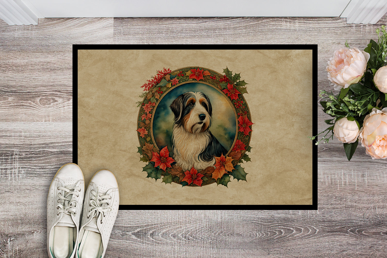 Bearded Collie Christmas Flowers Doormat Indoor Outdoor 18H X 27W Front Door Mat Rugs for Entryway, Non Slip Washable